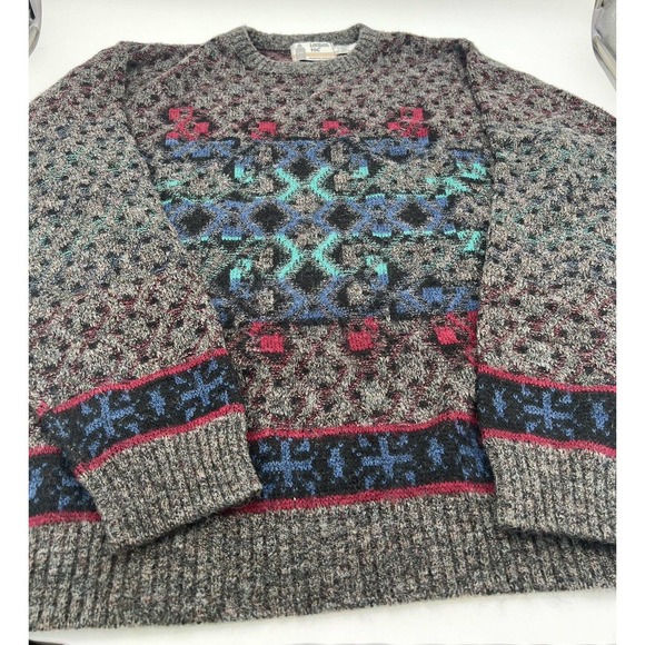 Vintage Made In USA London Fog Crewneck Sweater L-Tall Geometric Blue Pink Gray - Picture 1 of 5